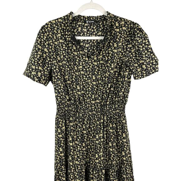 BTFBM Bohemian Black & Yellow Floral Smocked Waist Tiered Maxi Dress Size Medium - Picture 3 of 9